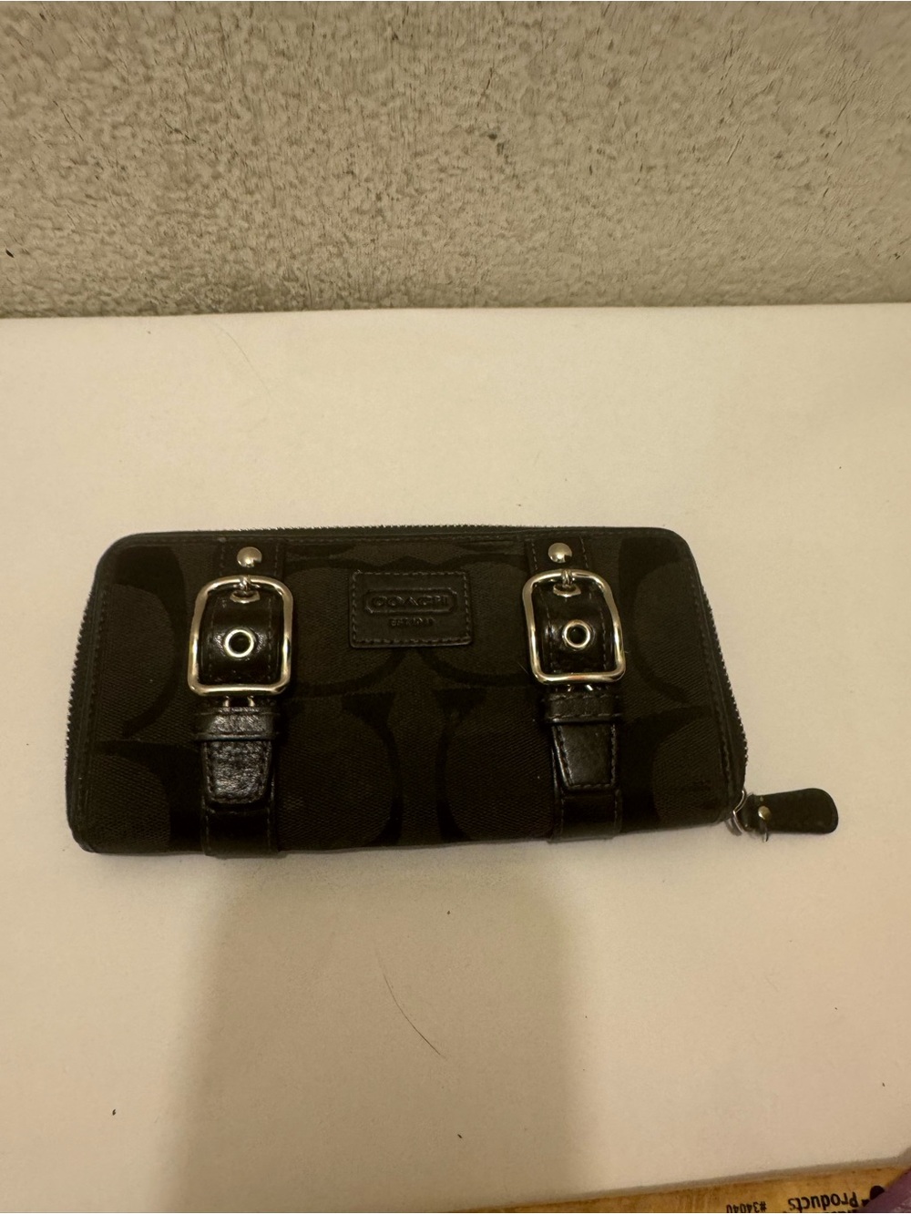 Coach Zoe Black Signature Zip-Around Wallet with Buckle Straps